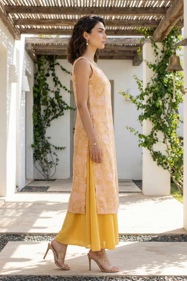 Yellow Floral Printed Chanderi Sleeveless Straight Kurta with Palazzo and Dupatta Set