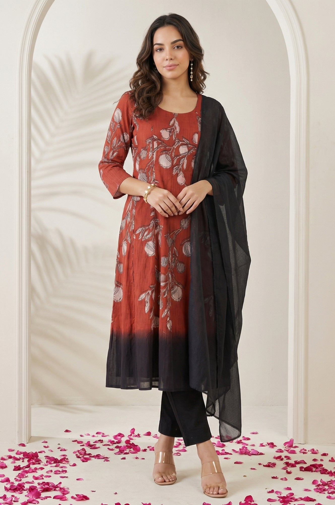 Red Floral Printed Pure Cotton Flared Kurta with Pants and Dupatta Set