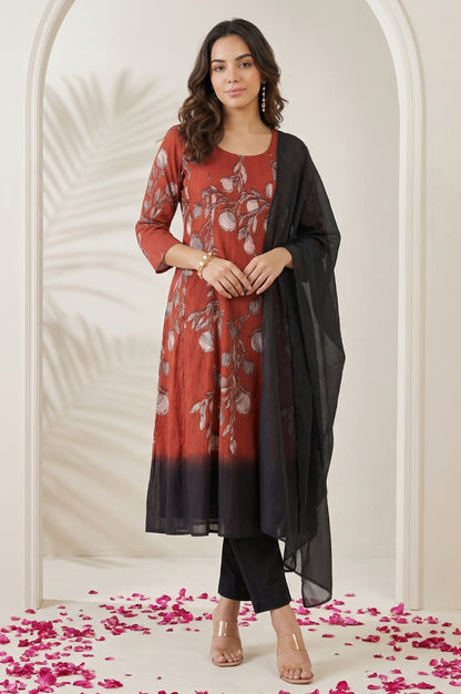 Red Floral Printed Pure Cotton Flared Kurta with Pants and Dupatta Set