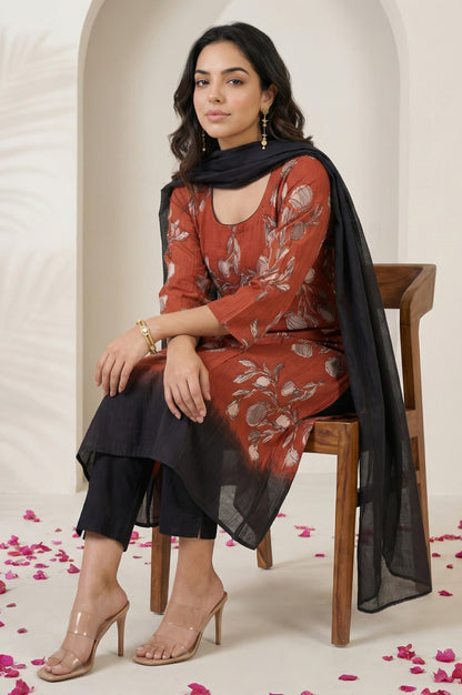 Red Floral Printed Pure Cotton Flared Kurta with Pants and Dupatta Set