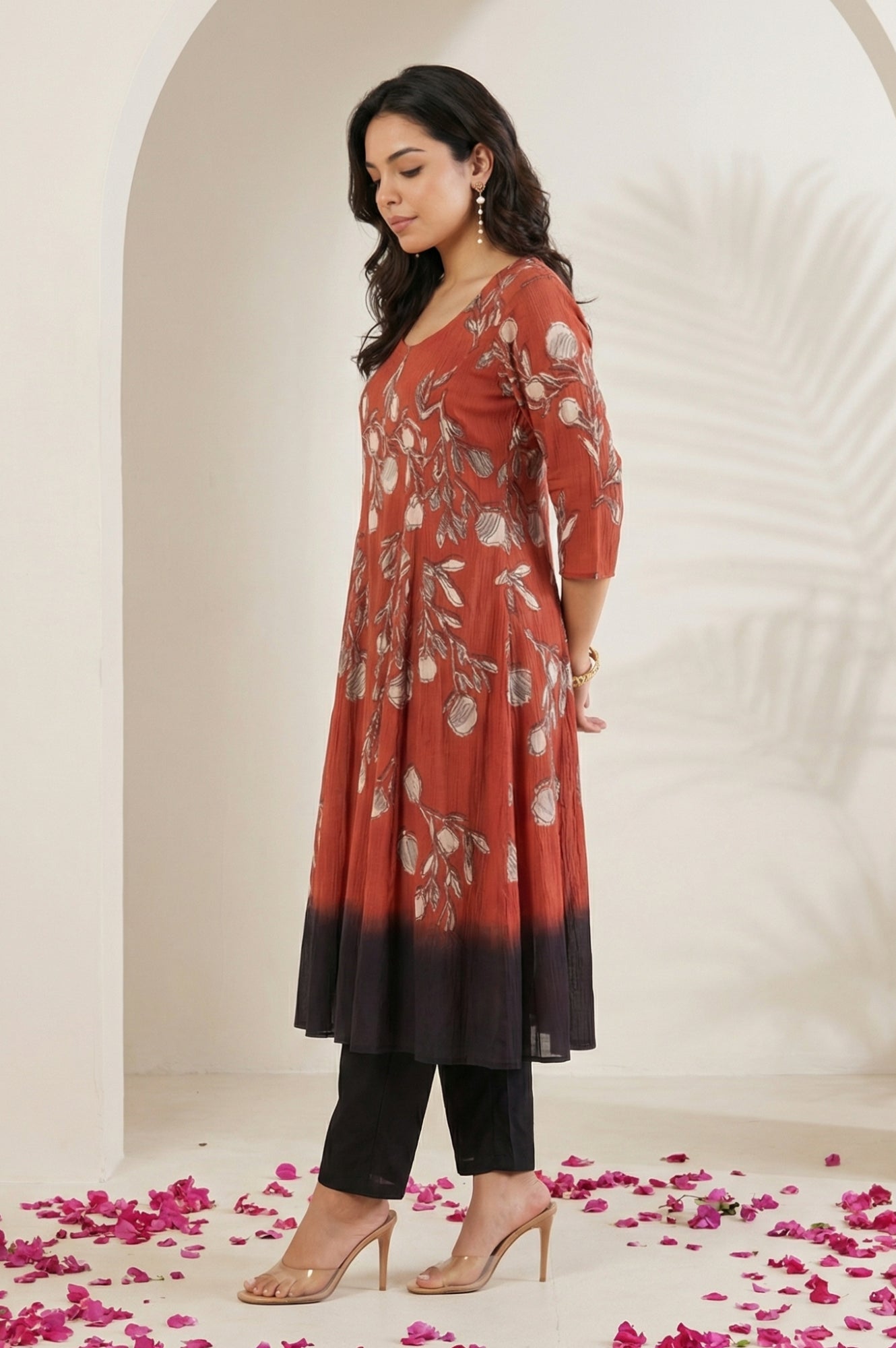 Red Floral Printed Pure Cotton Flared Kurta with Pants and Dupatta Set