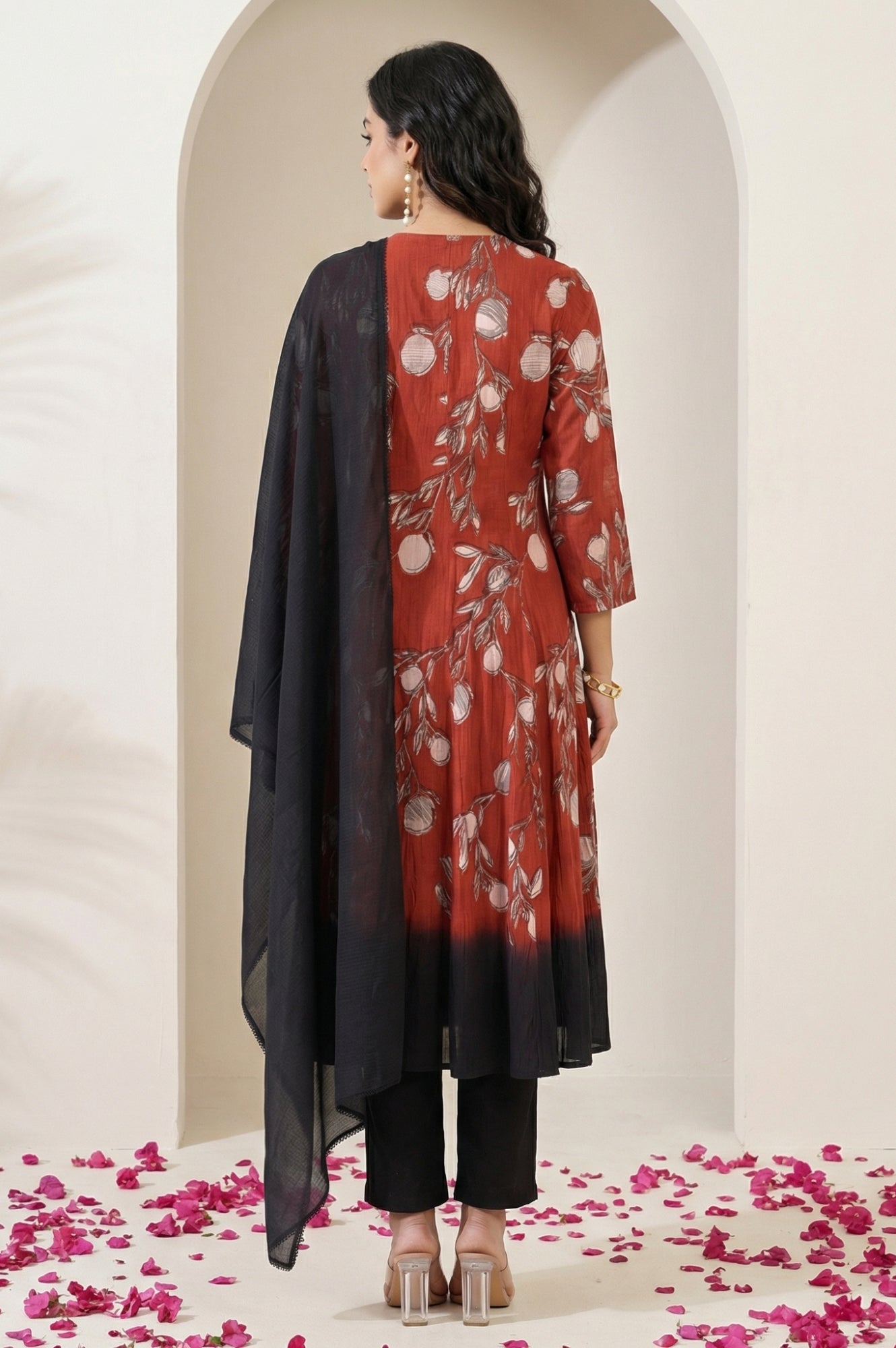 Red Floral Printed Pure Cotton Flared Kurta with Pants and Dupatta Set