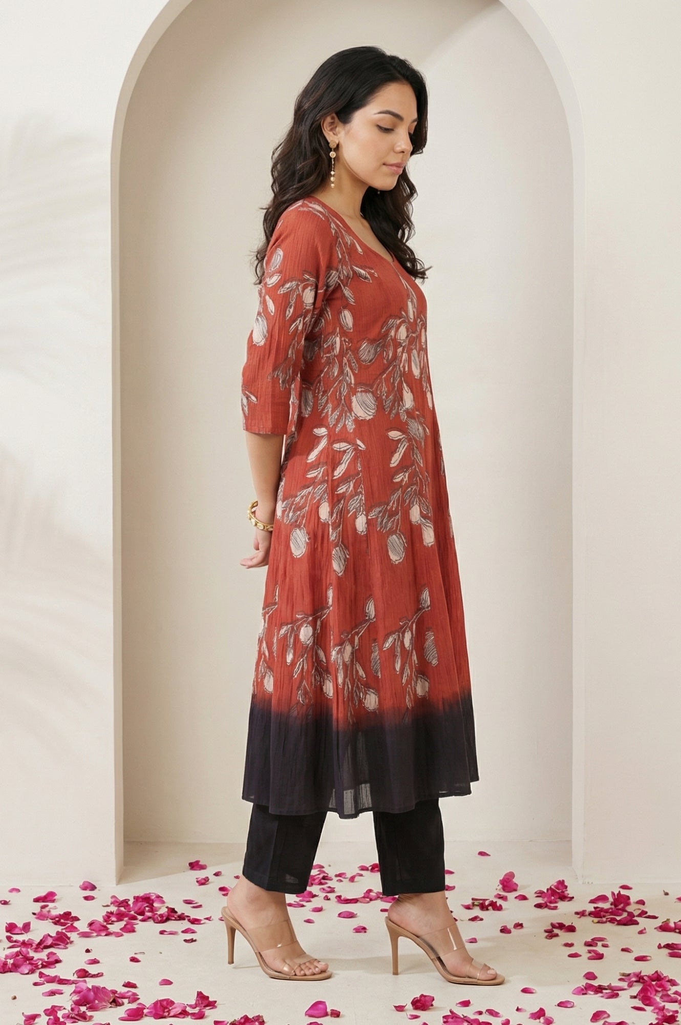 Red Floral Printed Pure Cotton Flared Kurta with Pants and Dupatta Set