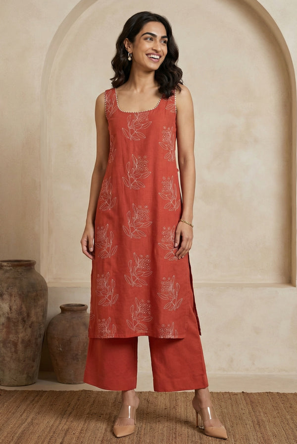 Rust Floral Printed Rayon Blend Straight Kurta with Flared Pants Co-ord Set
