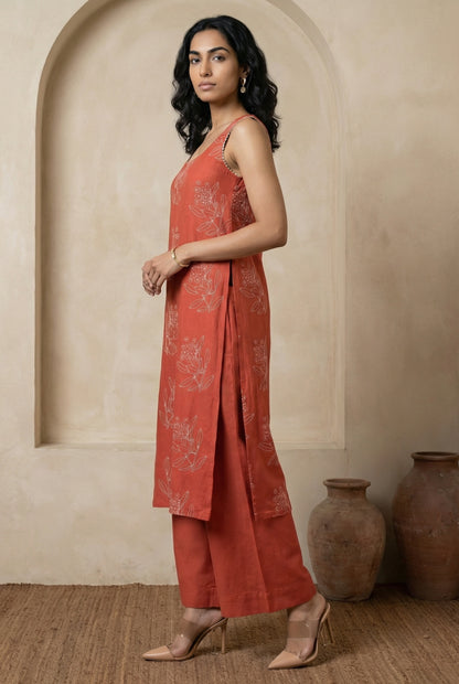 Rust Floral Printed Rayon Blend Straight Kurta with Flared Pants Co-ord Set