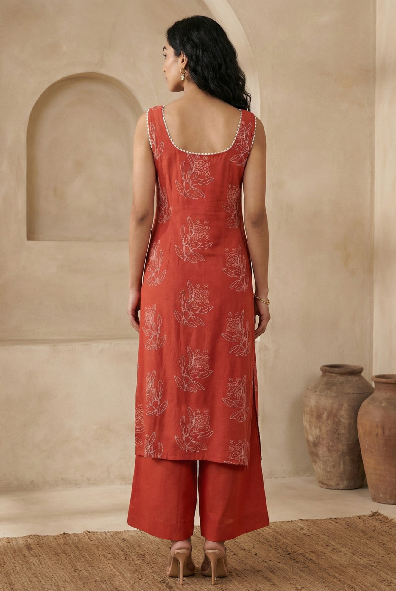Rust Floral Printed Rayon Blend Straight Kurta with Flared Pants Co-ord Set