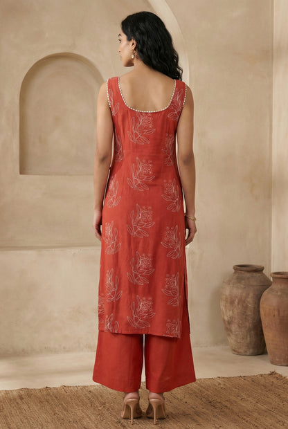 Rust Floral Printed Rayon Blend Straight Kurta with Flared Pants Co-ord Set
