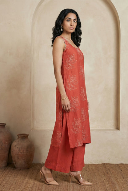 Rust Floral Printed Rayon Blend Straight Kurta with Flared Pants Co-ord Set