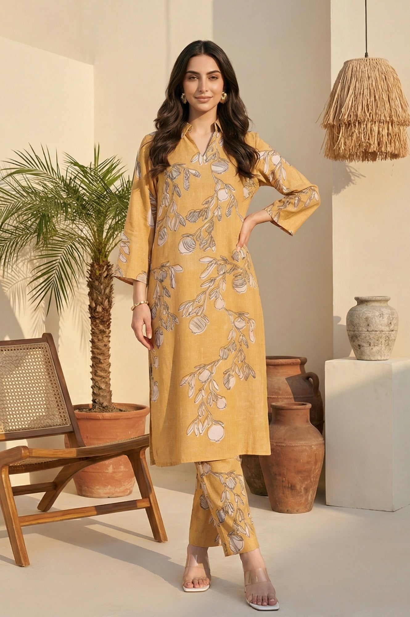 Mustard Floral Printed Rayon Flax Straight Kurta with Pants Set