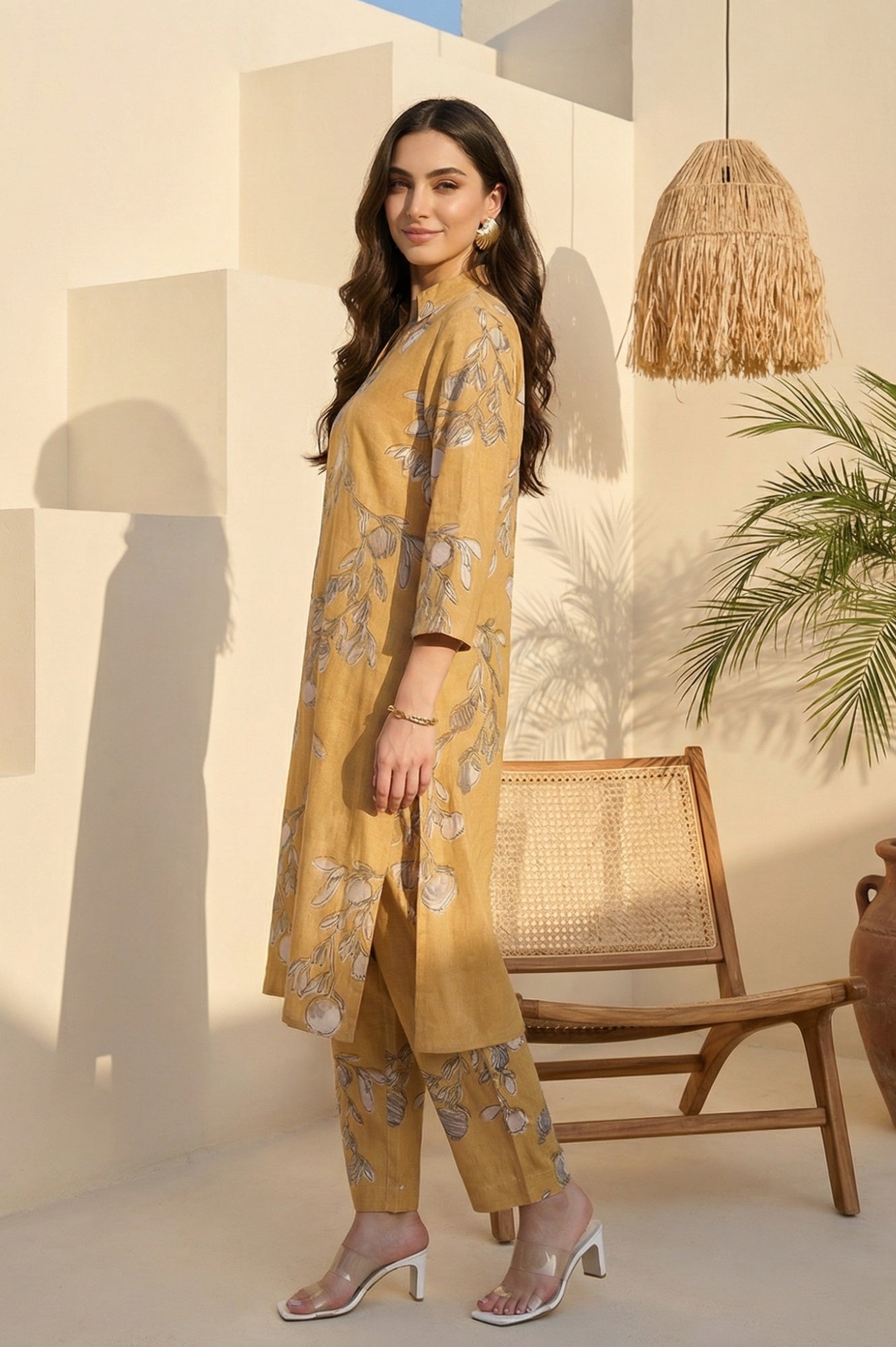 Mustard Floral Printed Rayon Flax Straight Kurta with Pants Set