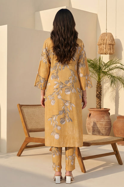 Mustard Floral Printed Rayon Flax Straight Kurta with Pants Set
