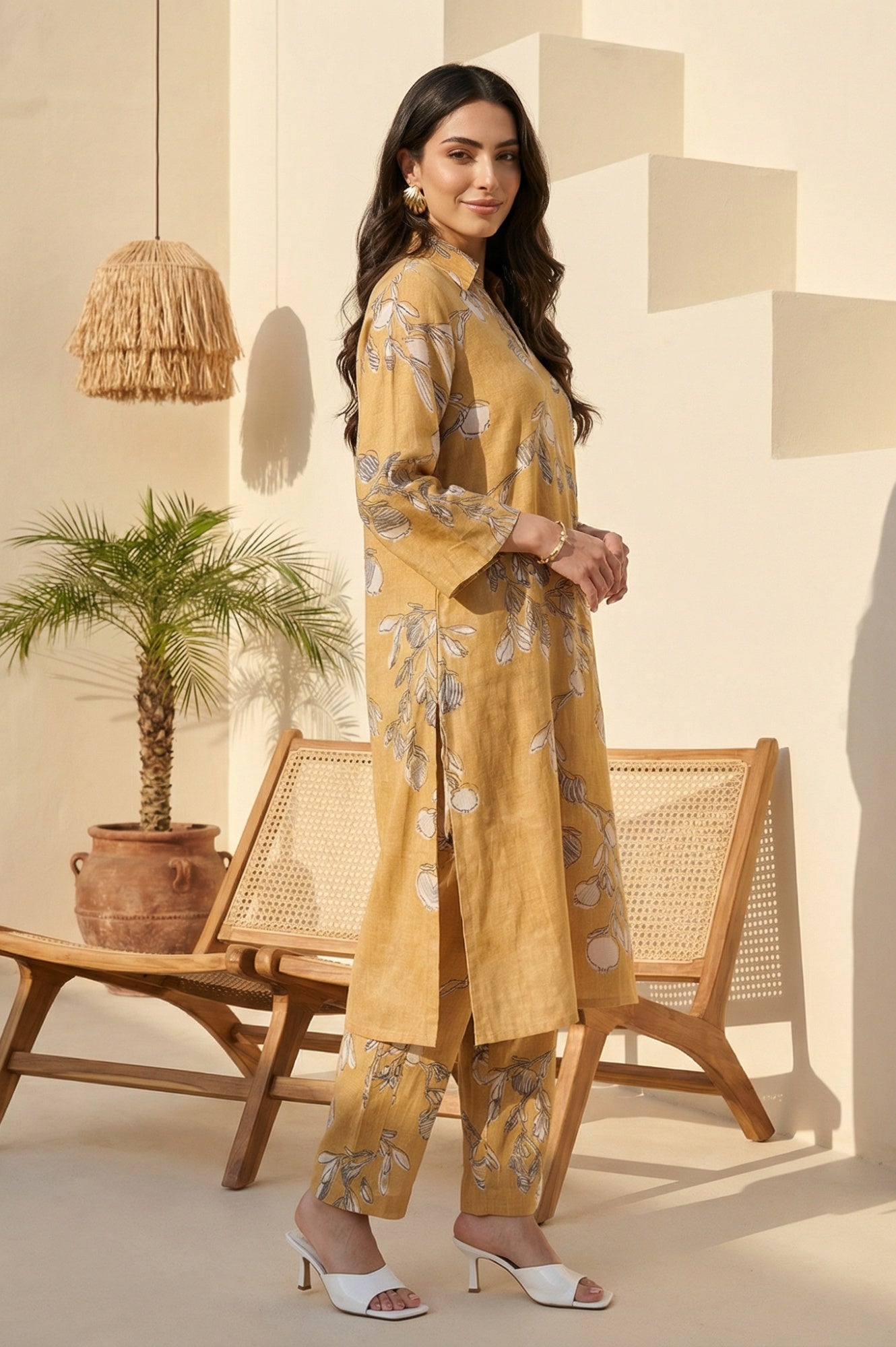 Mustard Floral Printed Rayon Flax Straight Kurta with Pants Set