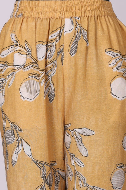 Mustard Floral Printed Rayon Flax Straight Kurta with Pants Set