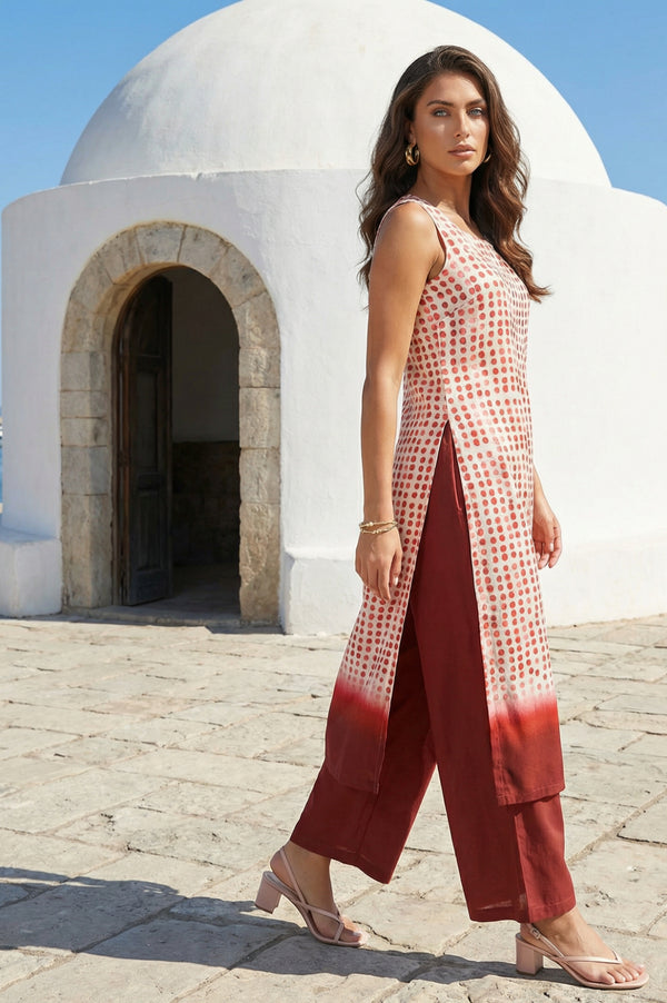 Off White Polka Dots Printed Rayon Sleeveless Straight Kurta with Pants Co-ord Set