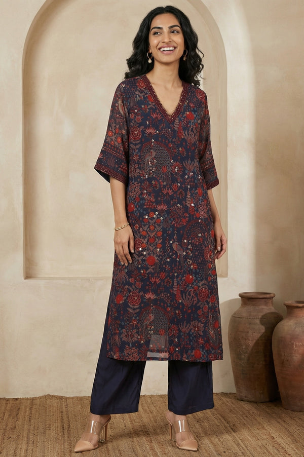 Navy Blue Floral Printed Georgette Straight Kurta with Parallel Pant Set