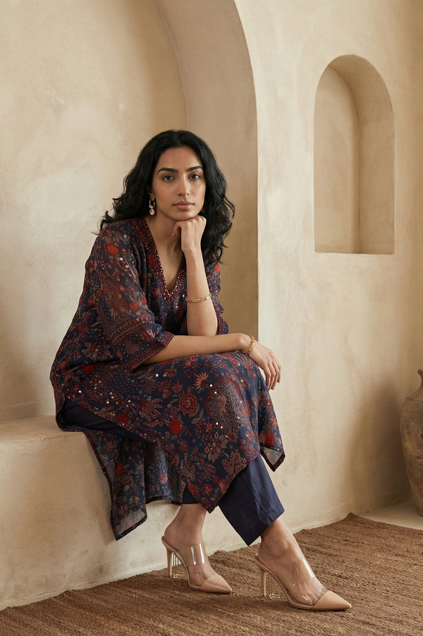 Navy Blue Floral Printed Georgette Straight Kurta with Parallel Pant Set