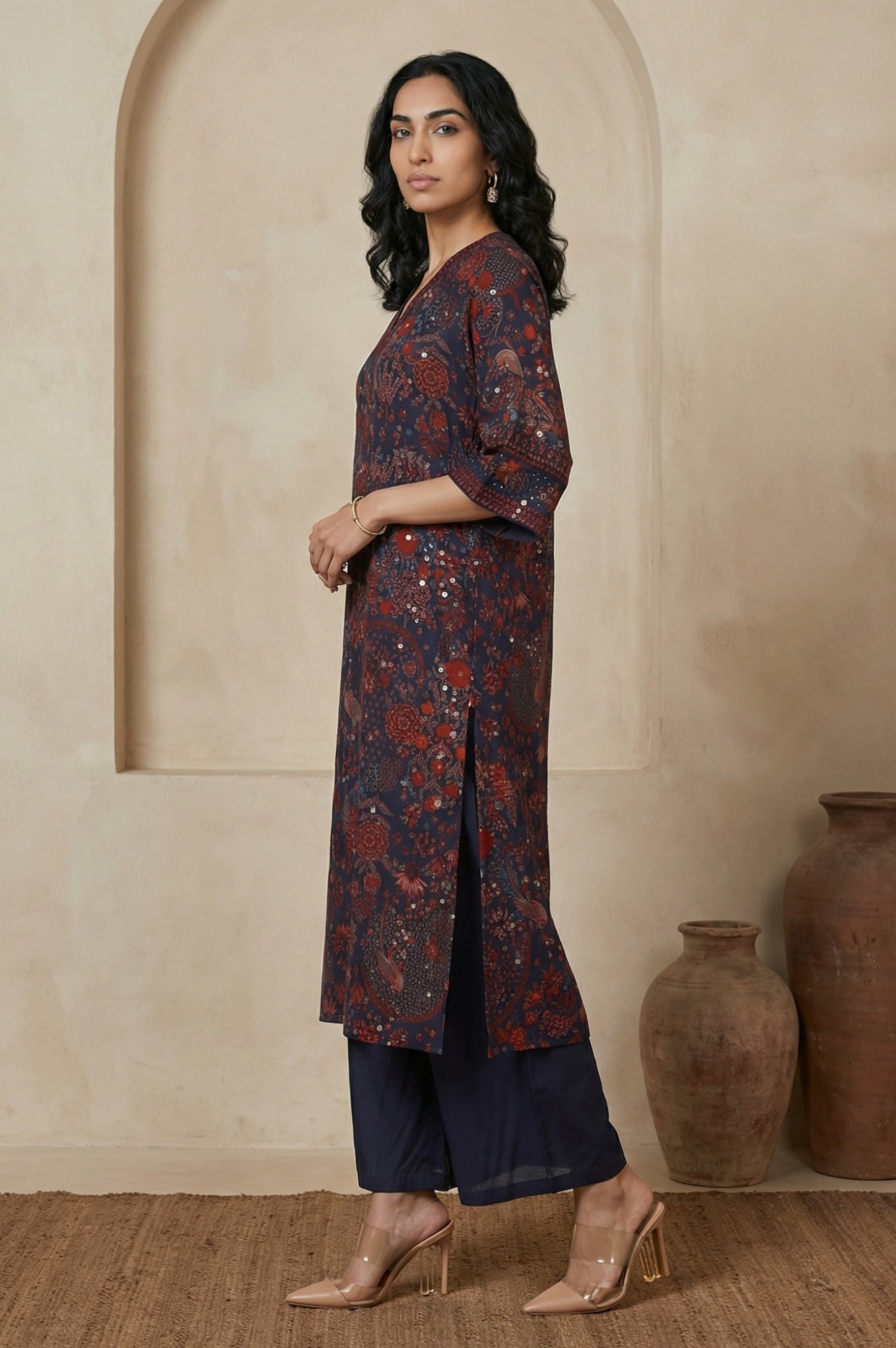 Navy Blue Floral Printed Georgette Straight Kurta with Parallel Pant Set