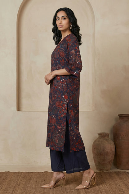 Navy Blue Floral Printed Georgette Straight Kurta with Parallel Pant Set