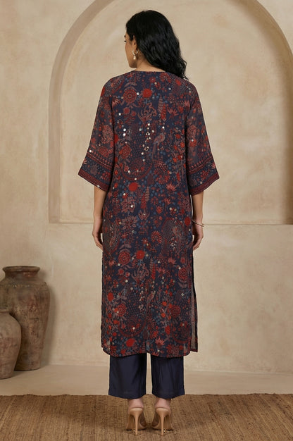 Navy Blue Floral Printed Georgette Straight Kurta with Parallel Pant Set