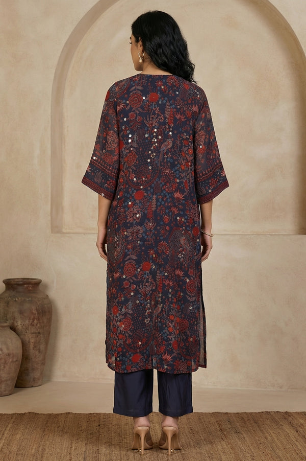 Navy Blue Floral Printed Georgette Straight Kurta with Parallel Pant Set