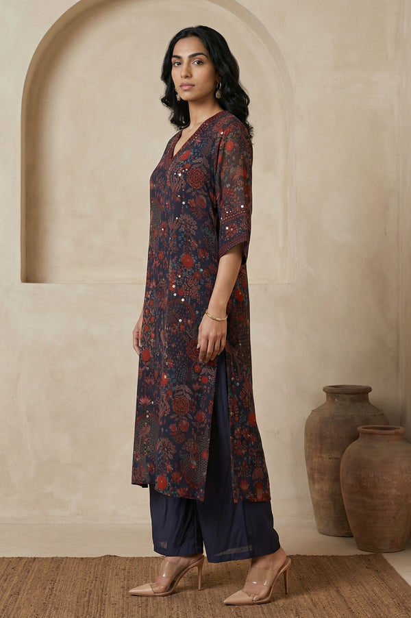 Navy Blue Floral Printed Georgette Straight Kurta with Parallel Pant Set