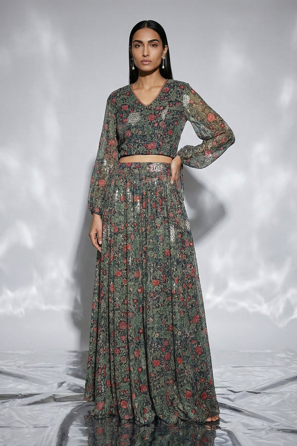 Navy Blue Foil Printed Floral Chiffon Crop Top with Skirt Set