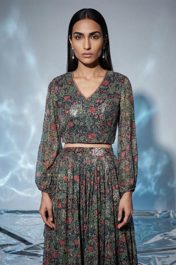 Navy Blue Foil Printed Floral Chiffon Crop Top with Skirt Set