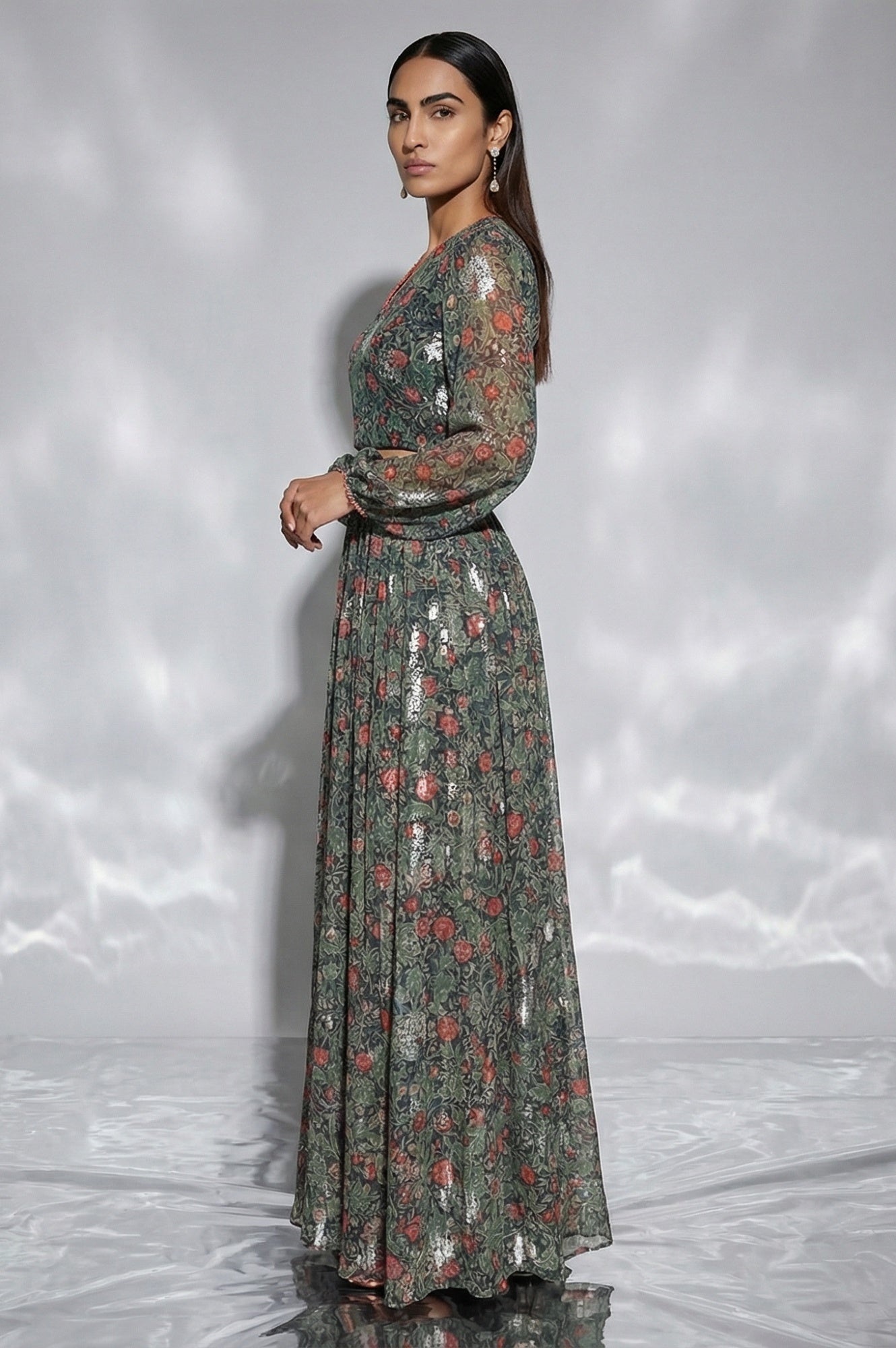 Navy Blue Foil Printed Floral Chiffon Crop Top with Skirt Set