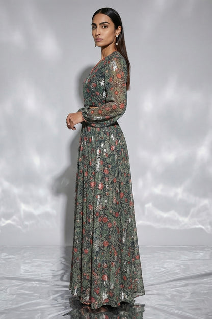 Navy Blue Foil Printed Floral Chiffon Crop Top with Skirt Set