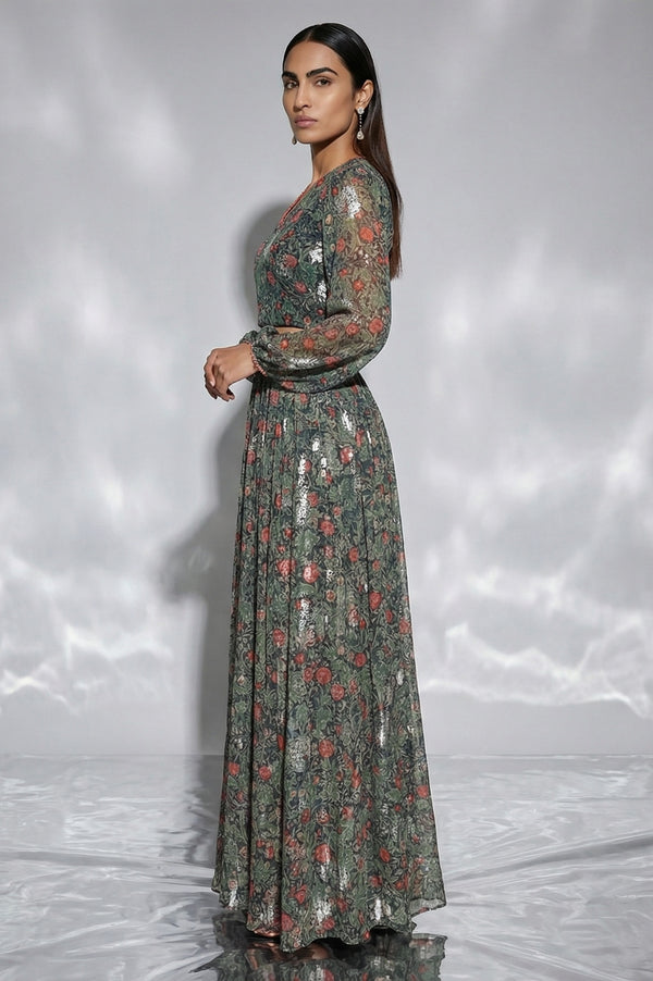 Navy Blue Foil Printed Floral Chiffon Crop Top with Skirt Set