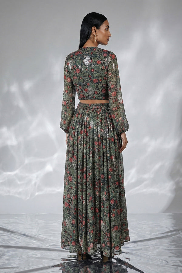 Navy Blue Foil Printed Floral Chiffon Crop Top with Skirt Set