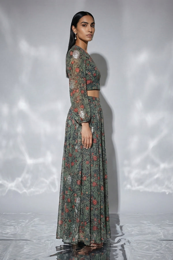 Navy Blue Foil Printed Floral Chiffon Crop Top with Skirt Set