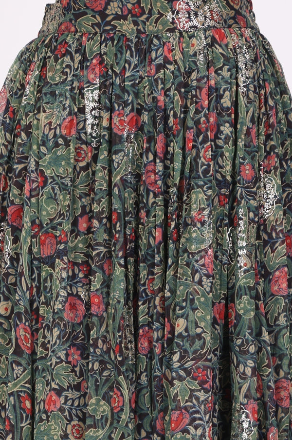 Navy Blue Foil Printed Floral Chiffon Crop Top with Skirt Set