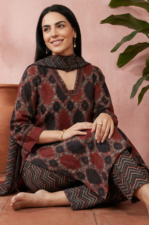 Black Geometric Printed Modal Straight Kurta with Pants and Dupatta Set