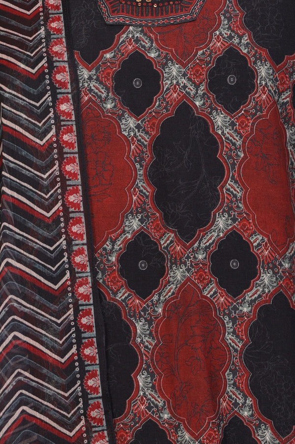Black Geometric Printed Modal Straight Kurta with Pants and Dupatta Set