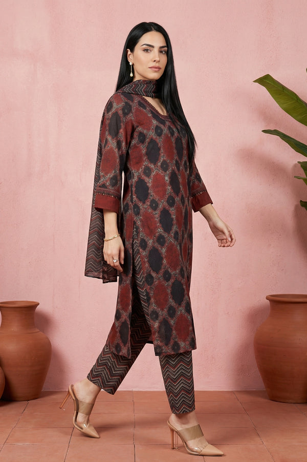 Black Geometric Printed Modal Straight Kurta with Pants and Dupatta Set