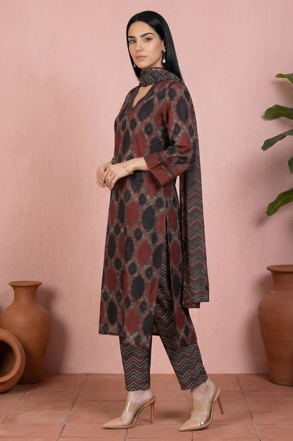 Black Geometric Printed Modal Straight Kurta with Pants and Dupatta Set