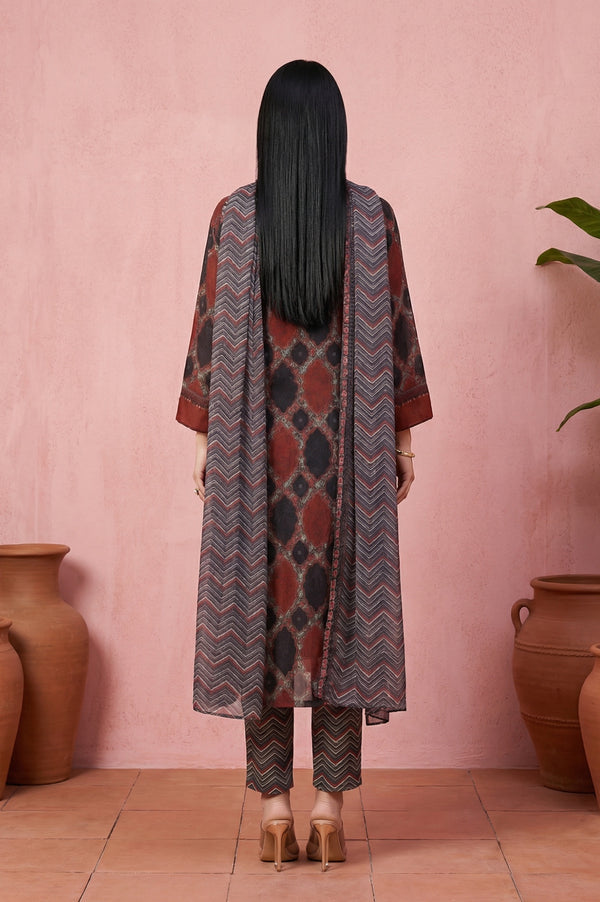 Black Geometric Printed Modal Straight Kurta with Pants and Dupatta Set