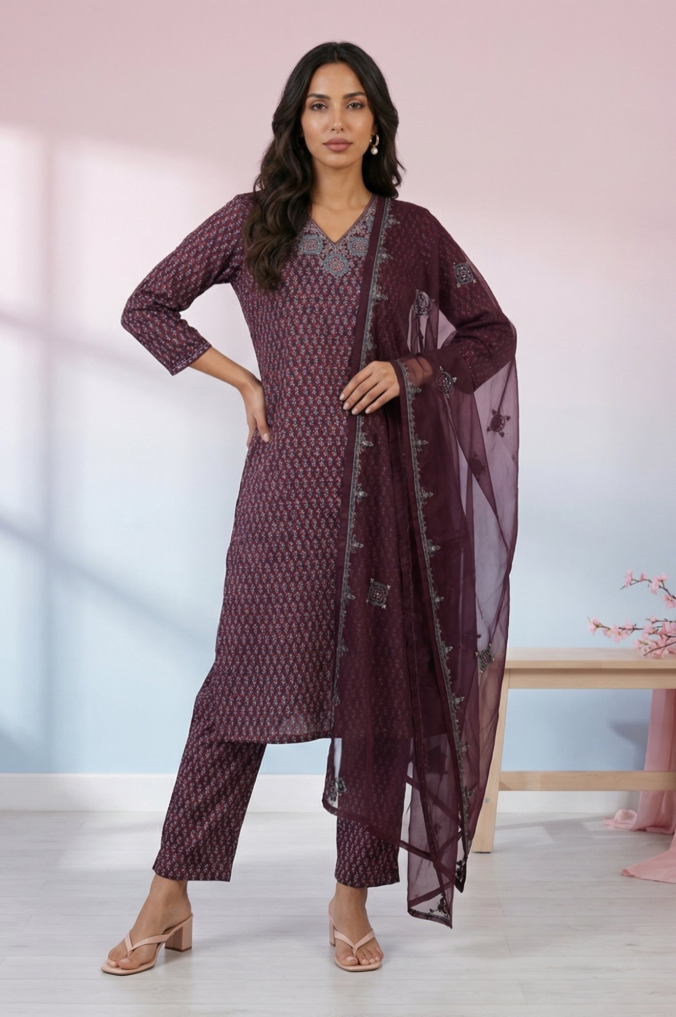 Purple Floral Printed Embroidered Satin Straight Kurta with Pants and Dupatta Set