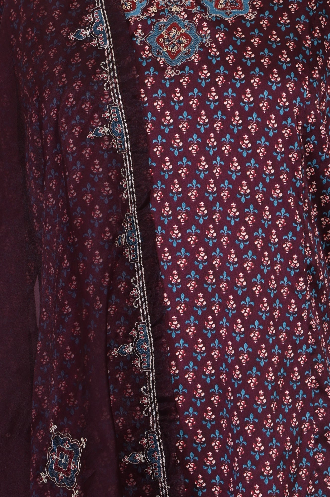 Purple Floral Printed Embroidered Satin Straight Kurta with Pants and Dupatta Set