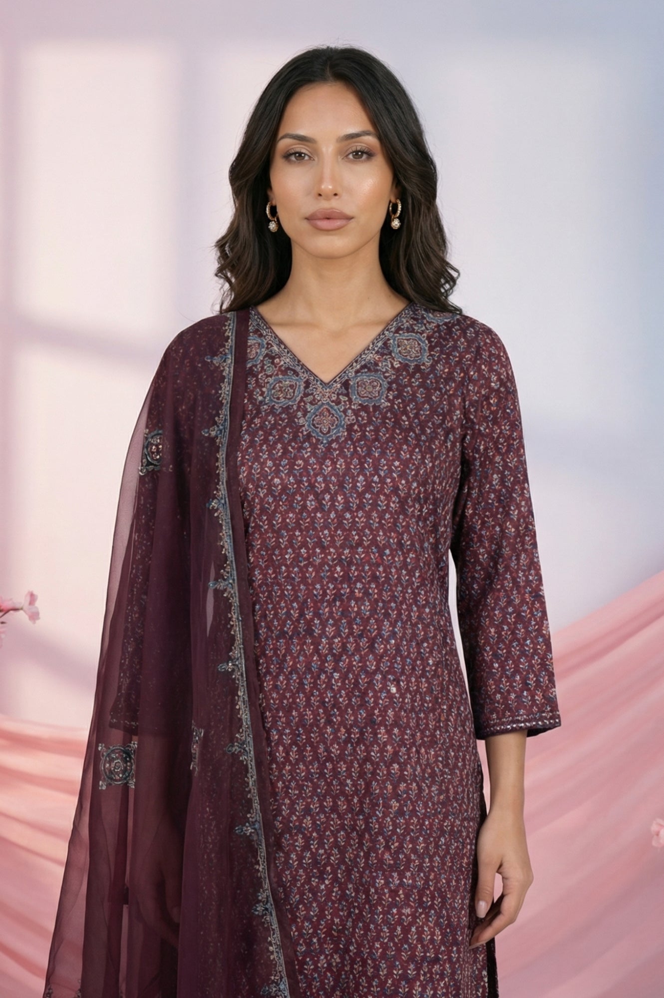 Purple Floral Printed Embroidered Satin Straight Kurta with Pants and Dupatta Set