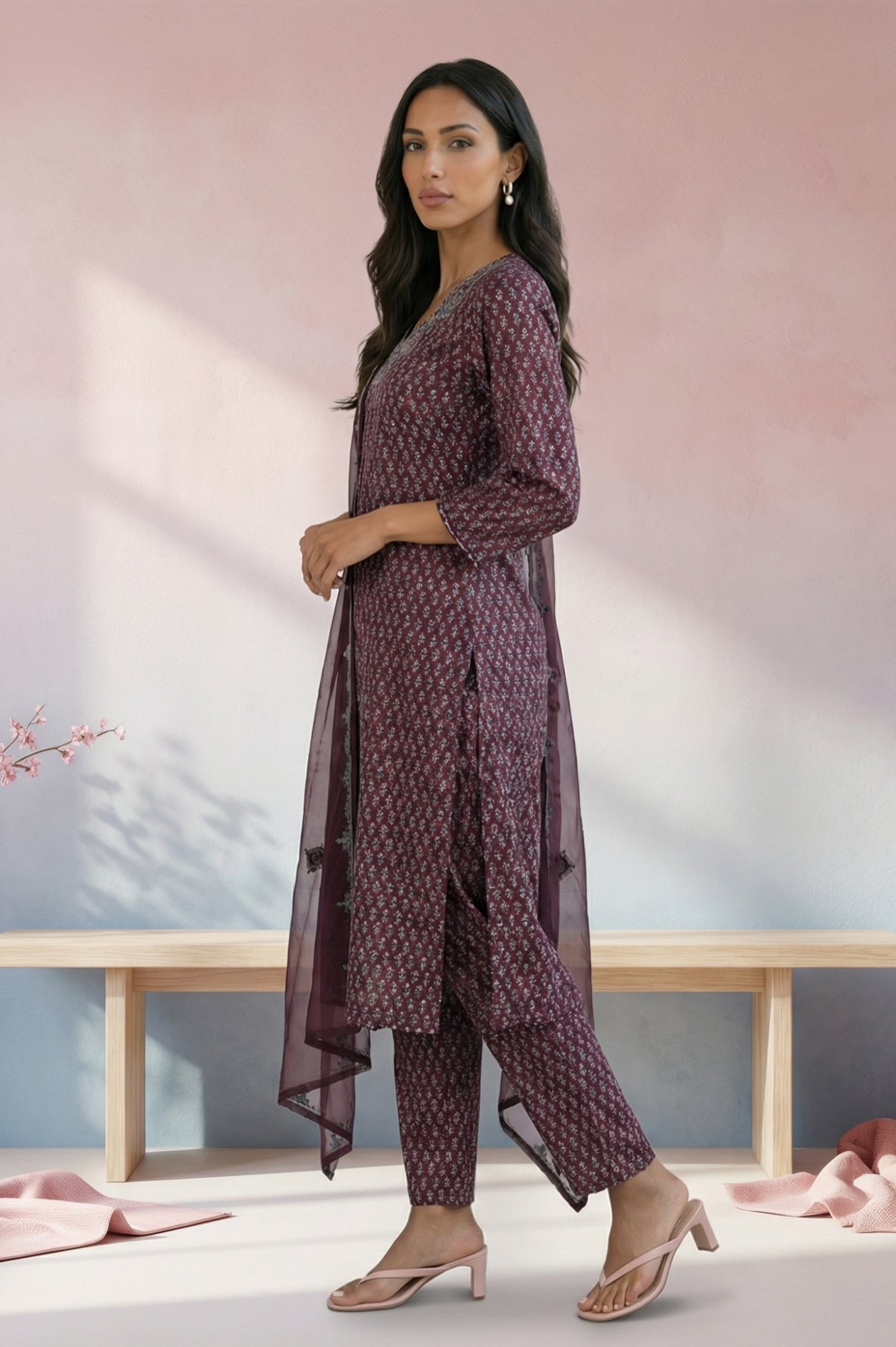 Purple Floral Printed Embroidered Satin Straight Kurta with Pants and Dupatta Set