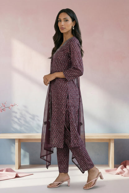 Purple Floral Printed Embroidered Satin Straight Kurta with Pants and Dupatta Set