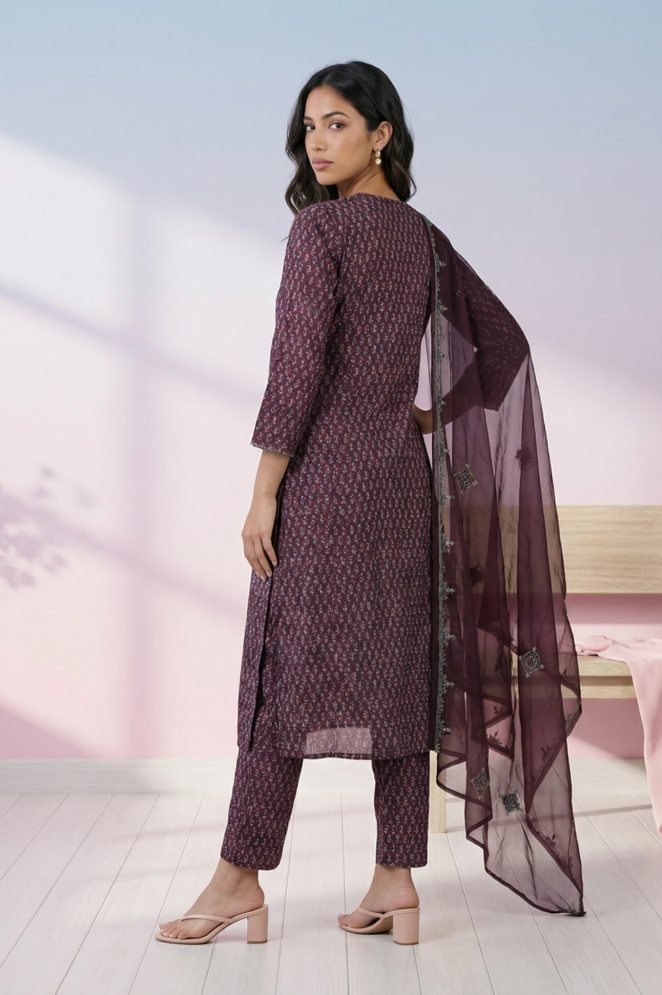 Purple Floral Printed Embroidered Satin Straight Kurta with Pants and Dupatta Set