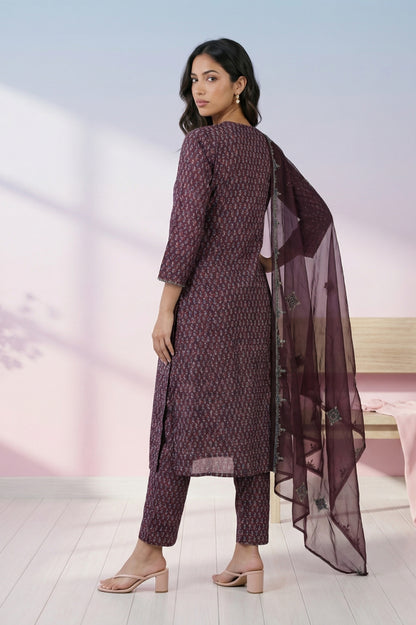 Purple Floral Printed Embroidered Satin Straight Kurta with Pants and Dupatta Set