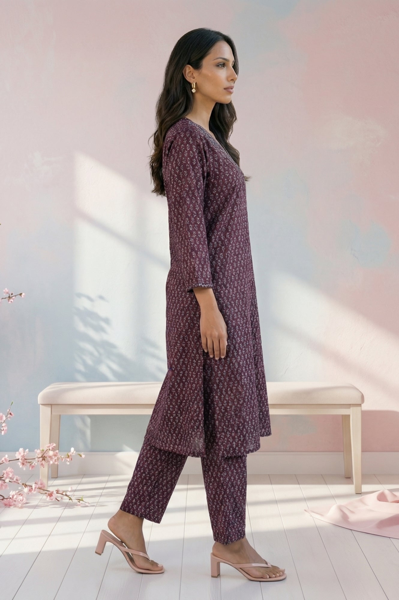 Purple Floral Printed Embroidered Satin Straight Kurta with Pants and Dupatta Set