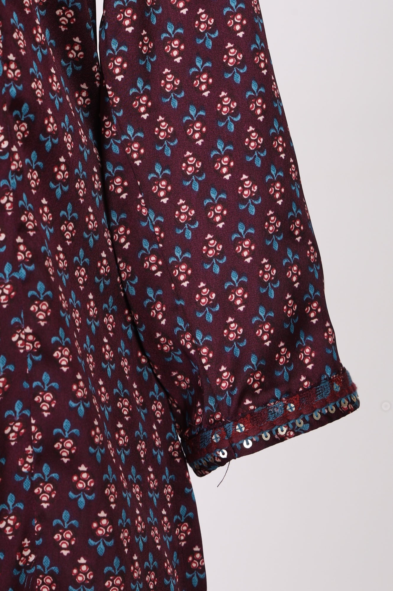Purple Floral Printed Embroidered Satin Straight Kurta with Pants and Dupatta Set