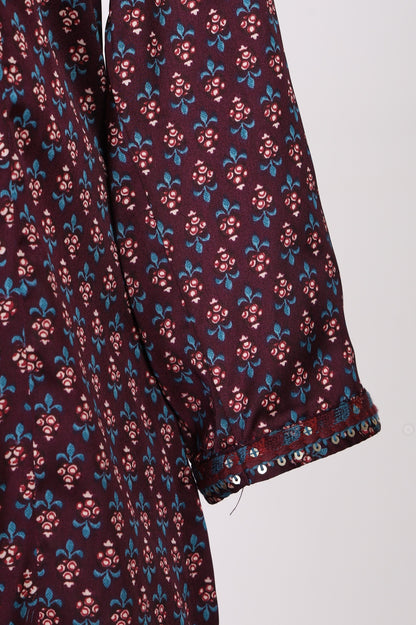 Purple Floral Printed Embroidered Satin Straight Kurta with Pants and Dupatta Set