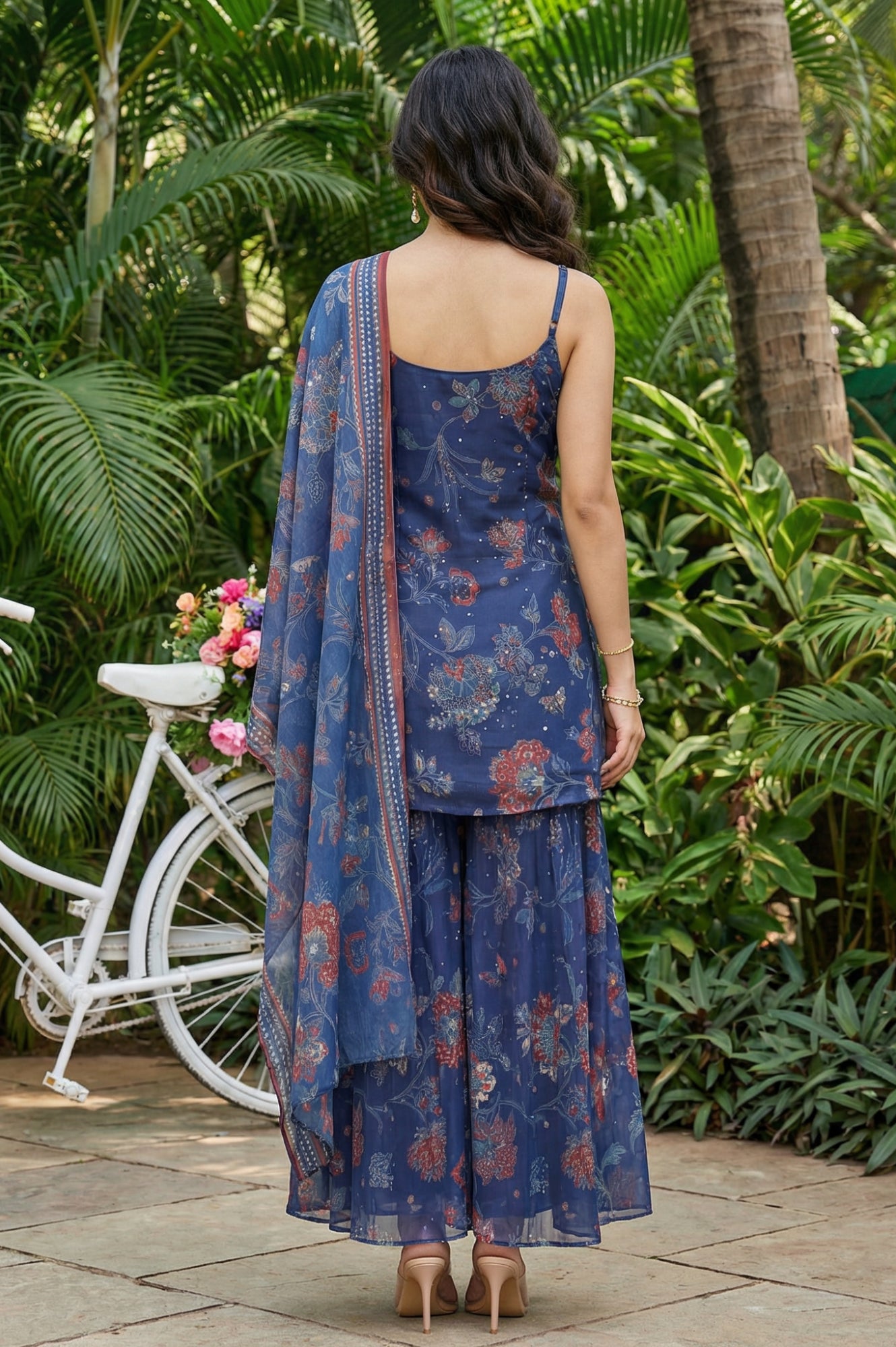 Navy Blue Floral Printed Chiffon Noodle Straps Straight Kurta with Sharara and Dupatta Set