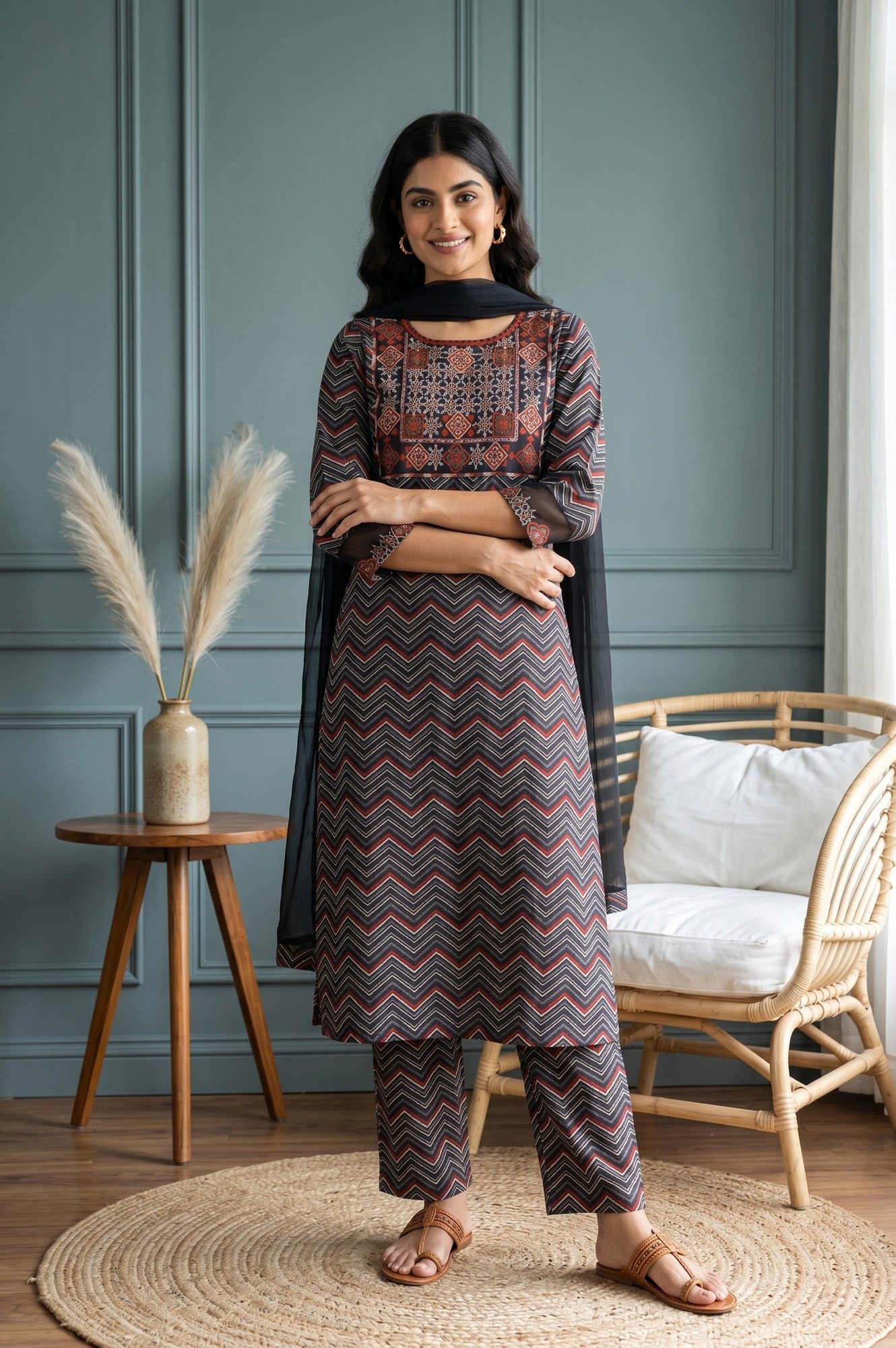 Black Chevron Printed Straight Kurta With Pants and Dupatta Set